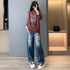 女春新款时尚减龄套装修宽松连帽刺绣卡通上衣破洞牛仔长裤两件套，女装套装/套裙，2C310