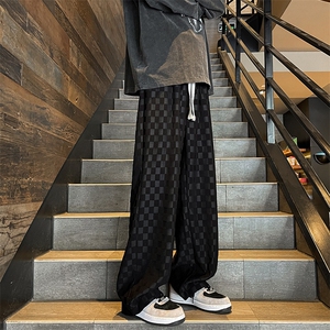 8XL-M特大码港风重磅棋盘格卫裤男士休闲运动裤直筒阔腿裤K961P60图片