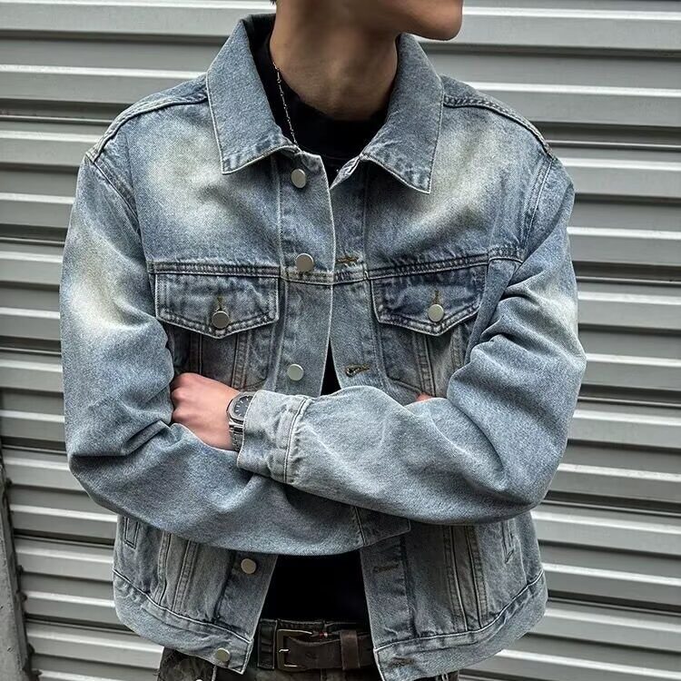 美式复古蓝色牛仔外套男2025秋季新款高街痞帅宽松少年感夹克上衣,男装工装外套,星座1210-1
