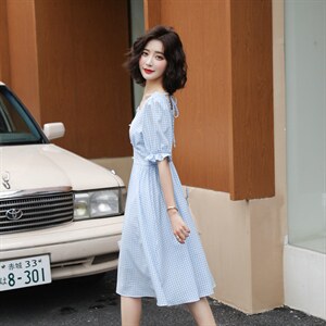 花边方领格纹泡泡袖连衣裙，女装连衣裙，韩蔻秀