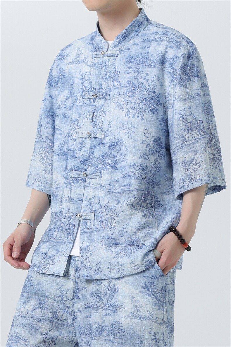 2025夏季新款风男装盘扣新中式唐装竹叶印花衬衫C111-P50,男装衬衫,电商B277(原6028)