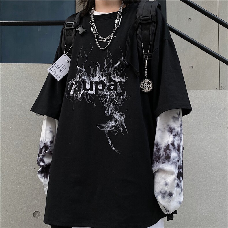 潮流创意嘻哈火焰印花宽松假两件扎染袖长袖上衣,男装卫衣,星座716-2
