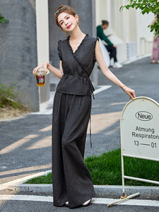 小香风套装女2025夏新款韩系高级感职业无袖背心阔腿裤穿搭两件套图片