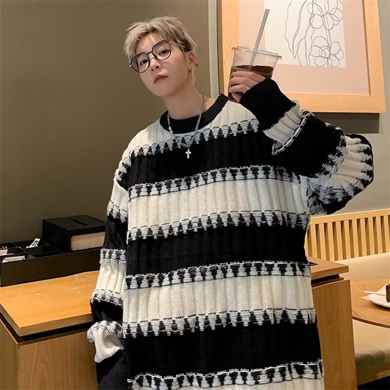 毛衣男春秋日系温柔风软糯设计感小众条纹百搭针织上衣潮7323/P45,男装针织衫/毛衣,星座506
