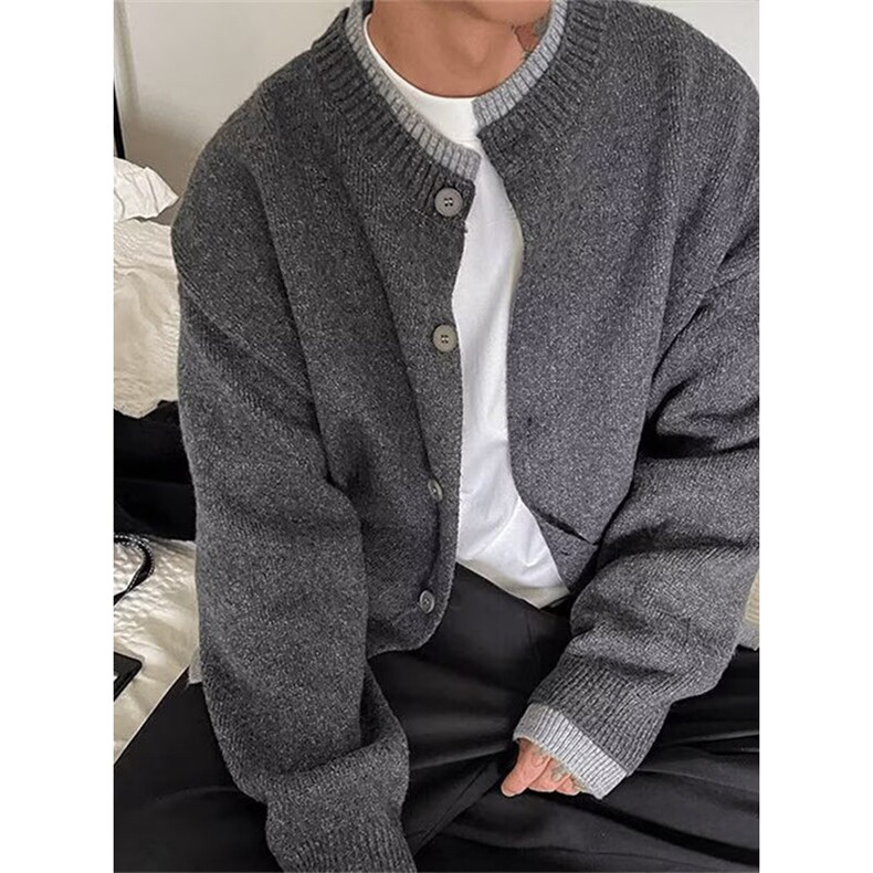 黑色假两件开衫毛衣男秋季韩系慵懒风针织衫高级感双层领排扣外套，男装针织衫/毛衣，星座1116A（原606A-3）