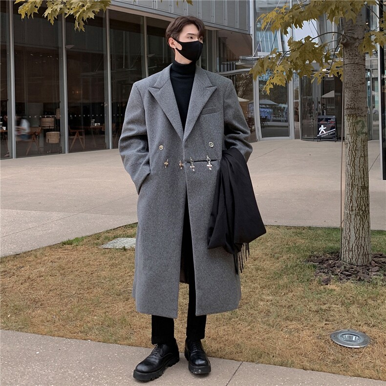 现货毛呢大衣金属飞机扣设计加棉加厚长款风衣外套男H908P138,男装风衣,电商A341