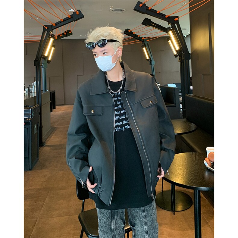 美拉德棕色皮衣外套男美式复古炸街设计感拉链宽松机车痞帅皮夹克,男装夹克,星座410-6（原星座1304-1）