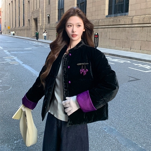 现货！（90新标带检）丝绒料新中式短款立领加厚保暖气质羽绒服女图片