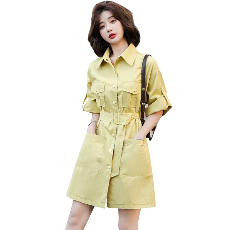 衬衫连衣裙女2024夏季设计感小众气质小个子收腰工装高腰法式裙子,女装连衣裙,素月