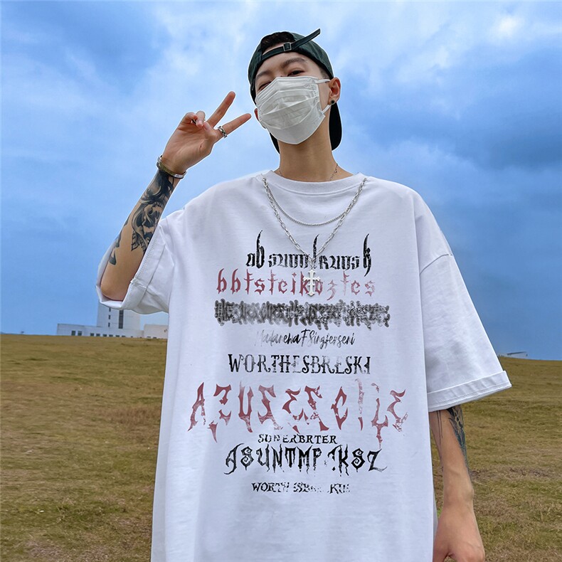 港风个性字母印花百搭带链条短袖圆领丐版T恤DT6342P40控58,男装T恤,电商A268A