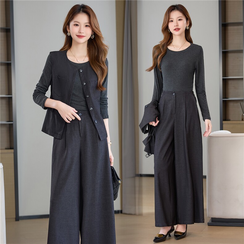 现货2025年秋新款圆领马甲气质时尚洋气阔腿裤三件套，女装套装/套裙，时尚俏佳人