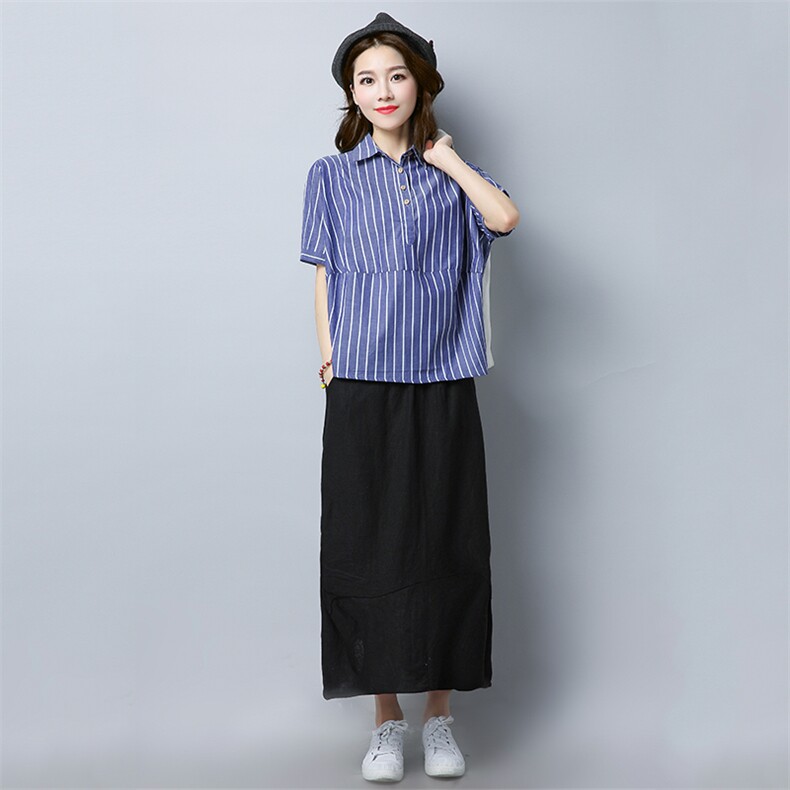 条纹优雅韩版方领套头2021年夏季短袖修身显瘦甜美衬衫,女装衬衫,叶笙衣