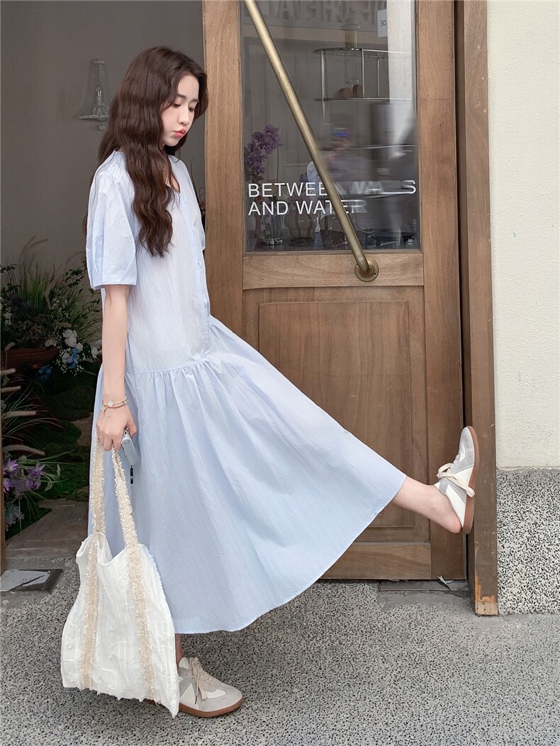 学院风蓝色连衣裙女2025夏季新款韩系小清新甜美减龄小个子衬衫裙,女装连衣裙,慧尚2-185