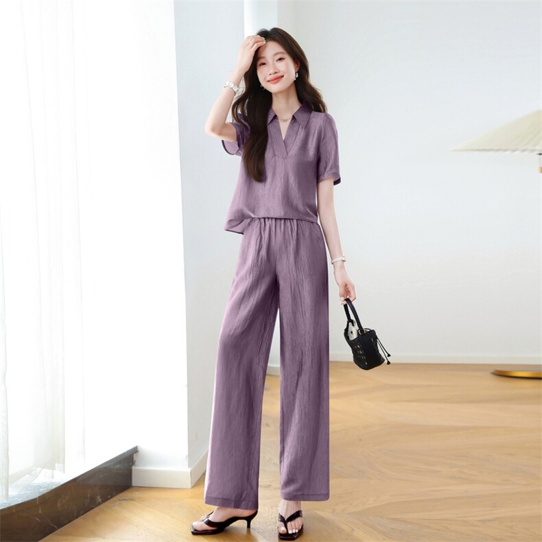 时尚通勤V领阔腿裤两件套女2025年夏季新款气质显瘦减龄休闲套装,女装大码女装,梦依杭