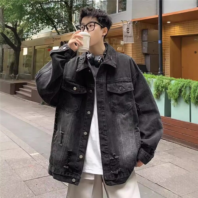 美式复古oversize牛仔外套秋季时尚穿搭潮男破洞撞色设计感夹克潮,男装工装外套,星座506A