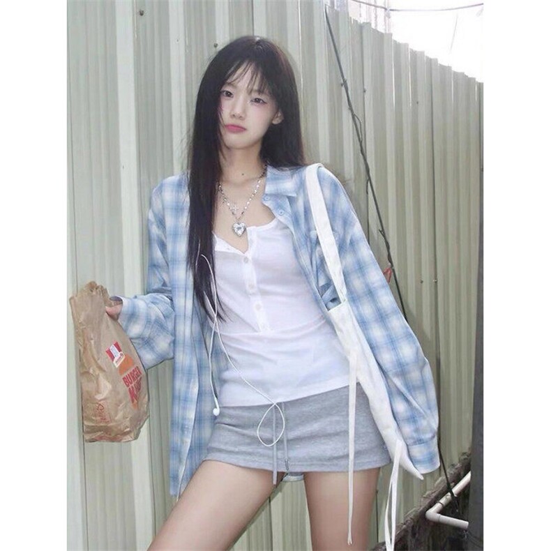 长袖衬衣外套蓝色格子衬衫女春秋慵懒风宽松休闲百搭上衣CS364,男装衬衫,星座1116A（原606A-3）