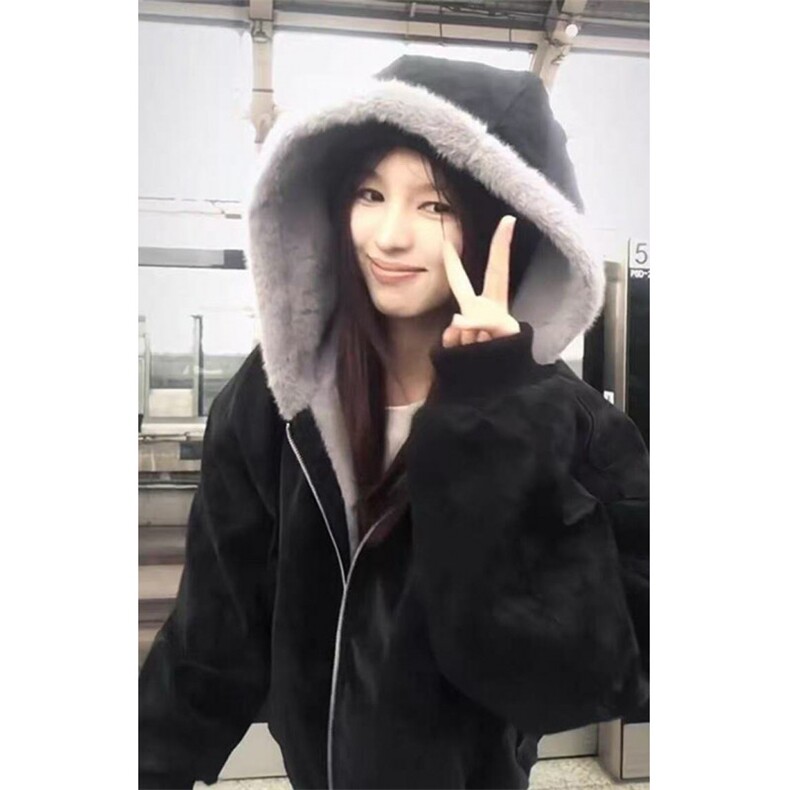 网图 荔枝纹PU皮座山雕连帽加绒加厚保暖大码棉衣外套男女-MF700图片