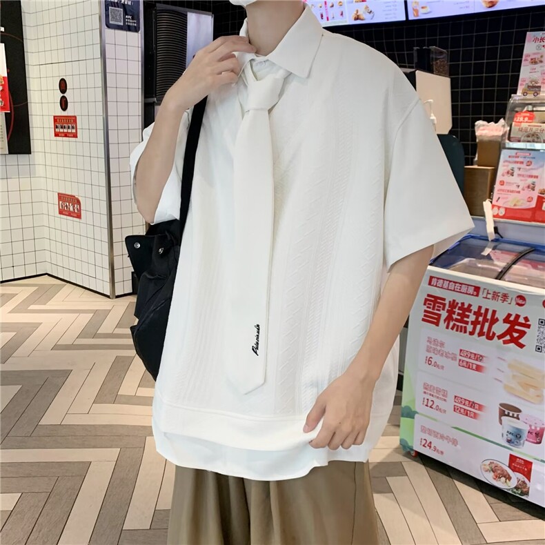 新中式立领男士衬衫短袖夏季痞帅高级感男装七分中袖无领衬衣,男装衬衫,星座1013