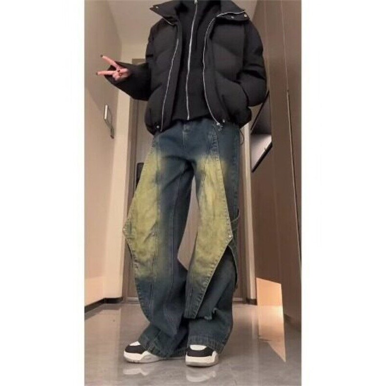 美式复古蓝工装牛仔裤男痞帅炸街设计感水洗做旧阔腿裤L88122-P55,男装牛仔裤,星座1008