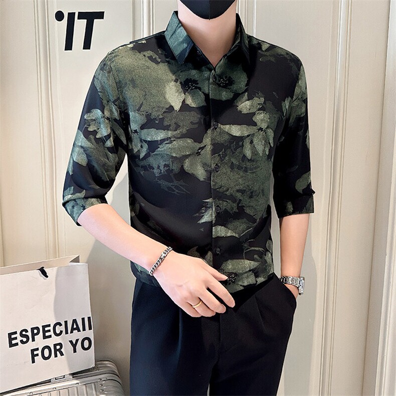 店主风社会小伙男士七分袖印花衬衫男衬衣301A-1/CS585/P55,男装衬衫,星座301A-1