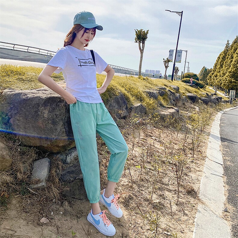 【现货】2021夏装新款印花休闲九分裤166-1011*P35绿色，女装休闲裤，茜茜公主