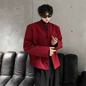 黑色垫肩西装外套男装高级感中山装立领修身夹克设计新中式小西服图片