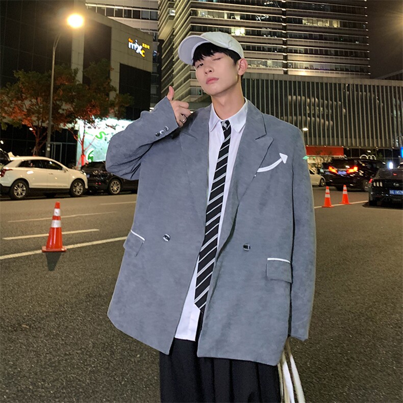 20234秋冬新款原创港风西服撞色灯芯绒休闲西服外套蓝GX08-P40，男装西服，电商B277A（原A068）