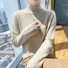 卷边半高领100%纯羊毛衫女长袖针织衫毛衣秋冬宽松羊绒衫打底上衣，女装羊绒衫，昭美羊绒