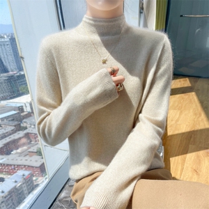 卷边半高领100%纯羊毛衫女长袖针织衫毛衣秋冬宽松羊绒衫打底上衣图片