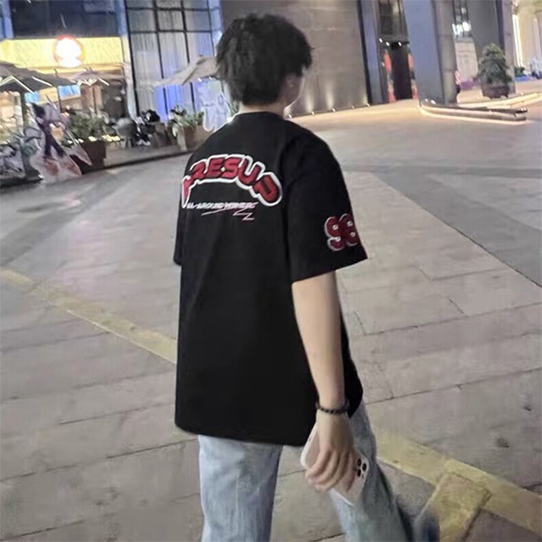 万针全刺绣工艺抖音得物高品质260克重磅纯棉双纱美式高街短袖T恤,男装T恤,电商A486-1