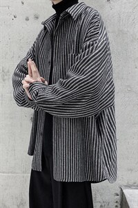 港风复古条纹衬衫加厚男慵懒宽松加大码胖子毛呢衬衣外套DX126P60图片