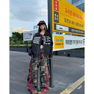 美式条纹迷彩工装裤女春秋季新款休闲宽松直筒阔腿裤LA80933-P50图片