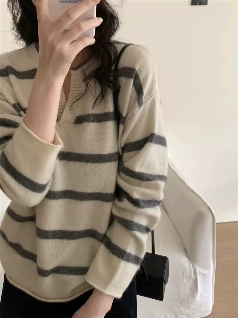 韩系温柔时尚感宽松显瘦撞色条纹羊毛衫女,针织衫/毛衣,德聚羊绒