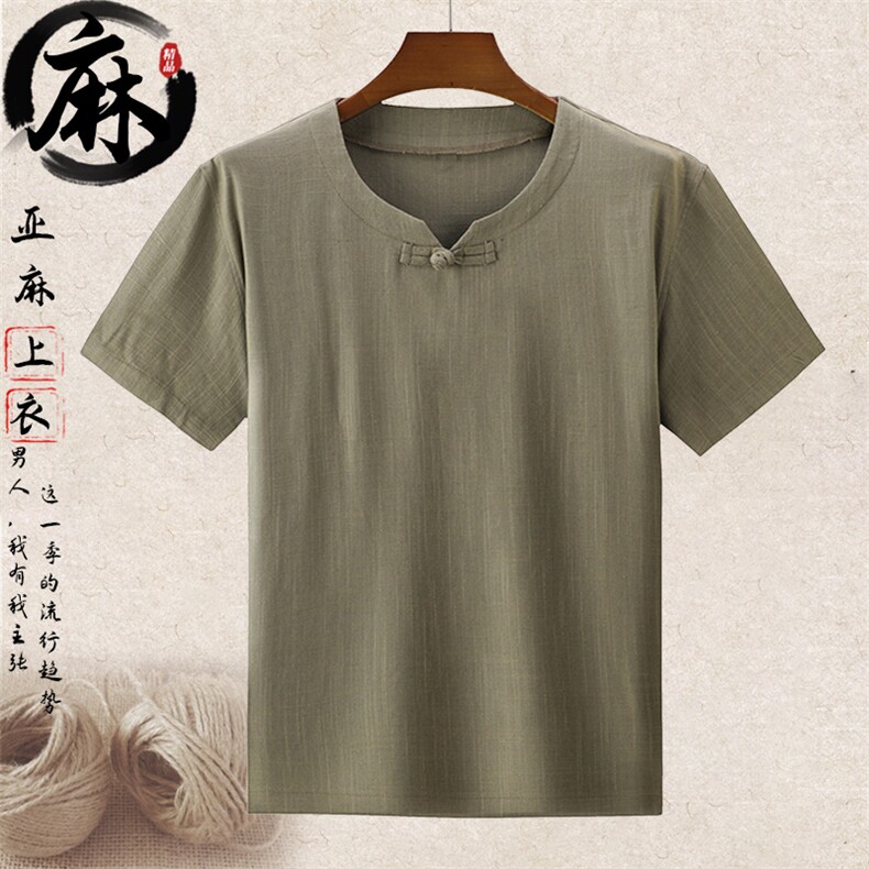 主推长年大货夏季男款风中老年亚麻短袖T恤棉麻上衣半袖，男装T恤，钱塘723