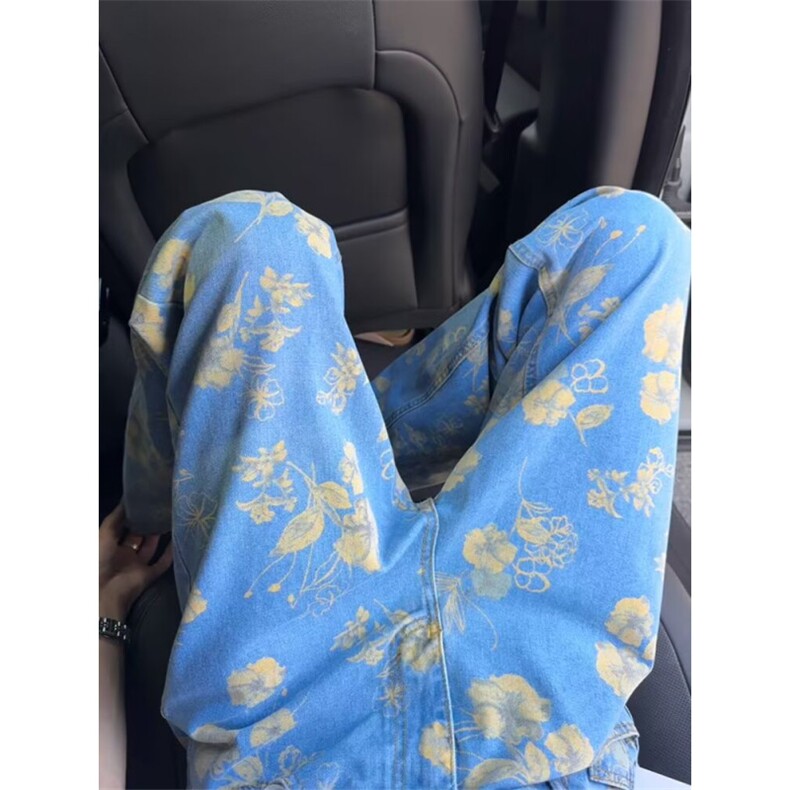 复古印花设计牛仔裤女夏日浪漫黄碎花阔腿裤显瘦高腰直筒拖地长裤图片