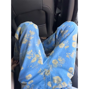 复古印花设计牛仔裤女夏日浪漫黄碎花阔腿裤显瘦高腰直筒拖地长裤图片