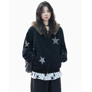美式复古毛领连帽开衫卫衣女设计感烫钻星星宽松外套 WB6018图片