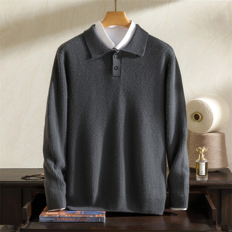 秋冬季新款男士翻领羊绒衫纯色毛衣男式长袖polo领针织衫男装，男装羊绒套衫，澳坤羊绒
