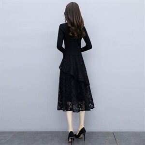 2025春季配大衣打底显瘦针织连衣裙女假两件黑色蕾丝内搭长袖裙子，女装连衣裙，安之芮娜