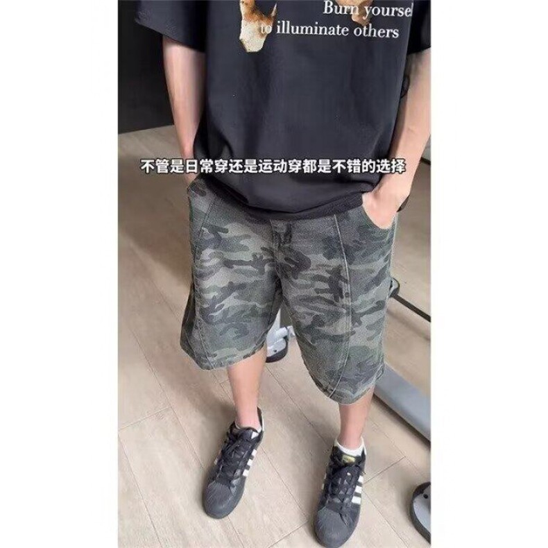 美式迷彩工装牛仔短裤男夏季拼接痞帅宽松直筒休闲运动五分短裤男,男装牛仔裤,四季星座505