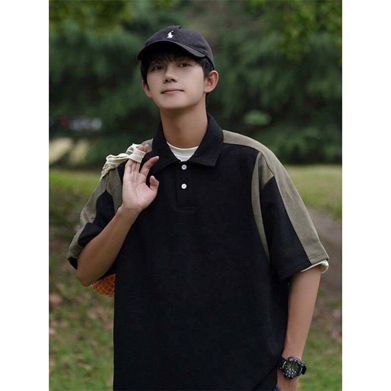 A177-T515夏季新款麂皮绒拼接男生短袖POLO衫94%聚酯纤维6%氨纶，男装Polo衫，电商A177