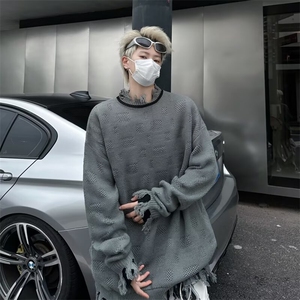 青少年长袖潮牌炸街针织衫男女bf风宽松拼接破洞毛衣M73600-p50图片