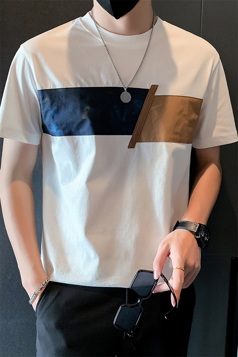 2025新款夏季T恤男短袖潮牌拼接男装半袖体恤A313-1-66397-P48,男装T恤,电商A313-1