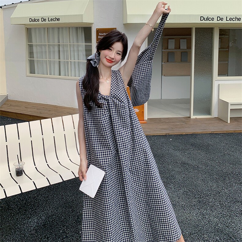 正反两穿黑白格子无袖连衣裙女2025夏季新款法式复古宽松背心裙潮图片