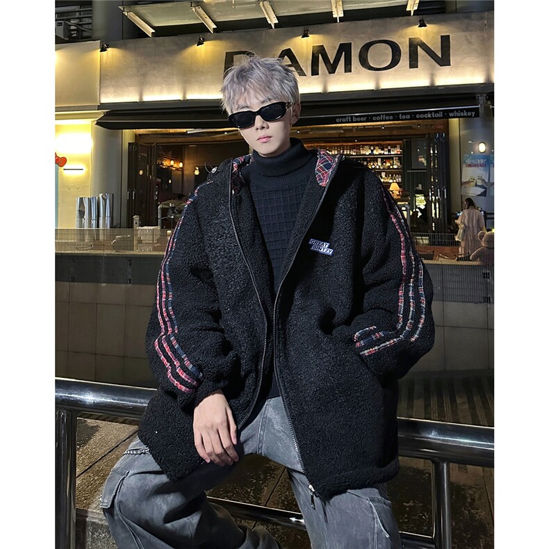 抖音得物羊羔毛棉衣可二开支持退换三条杠格子棉衣外套MY2403,男装棉衣,电商B210