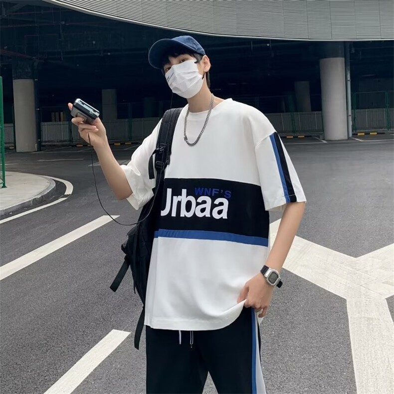 ins流行简约新款文艺原宿五分裤五分袖T恤慵懒男夏季休闲套装潮流,男装T恤,星座1013
