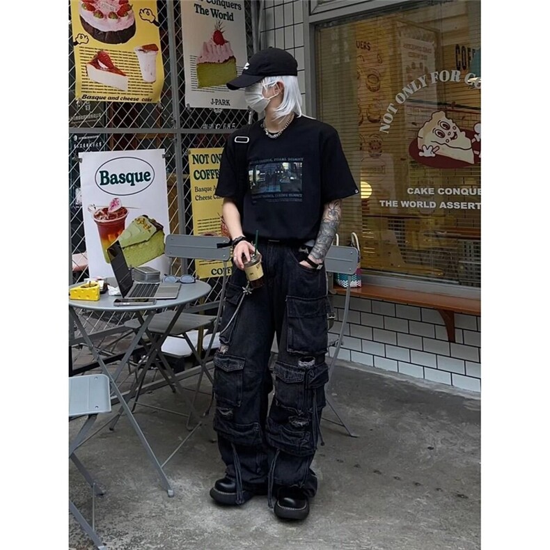 CP1166-P80美式高街破洞多口袋牛仔裤男女宽松直筒阔腿工装裤,男装牛仔裤,电商B323A