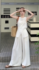 清冷感收腰衬衫阔腿裤套装女夏大方得体韩里韩气小众两件套不撞款，女装套装/套裙，2C093