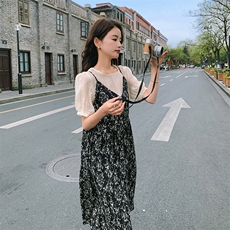法式复古吊带连衣裙女夏季2025新款气质雪纺碎花长裙子，女装连衣裙，帛香坊