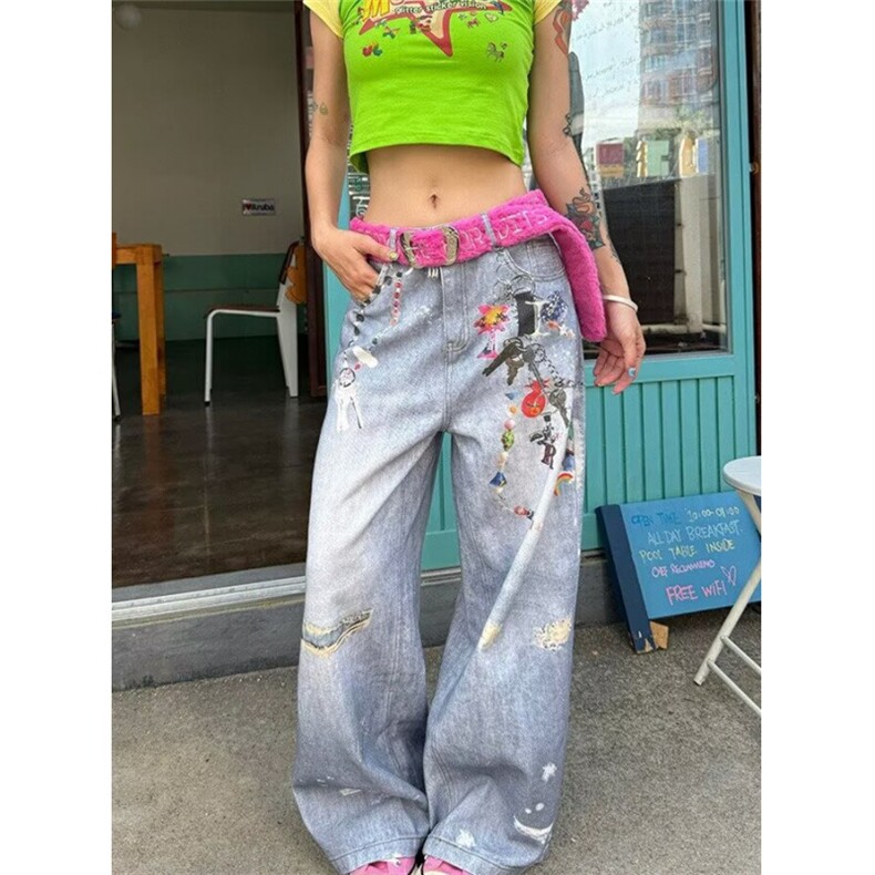 创意链条印花牛仔裤女休闲裤阔腿裤美式 N7873图片